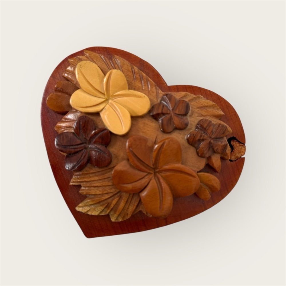 Handcrafted hand carved Heart-Shaped Wooden Floral secret box puzzle